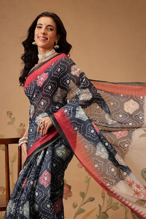 Grey Bandhani Printed Cotton Blend Saree