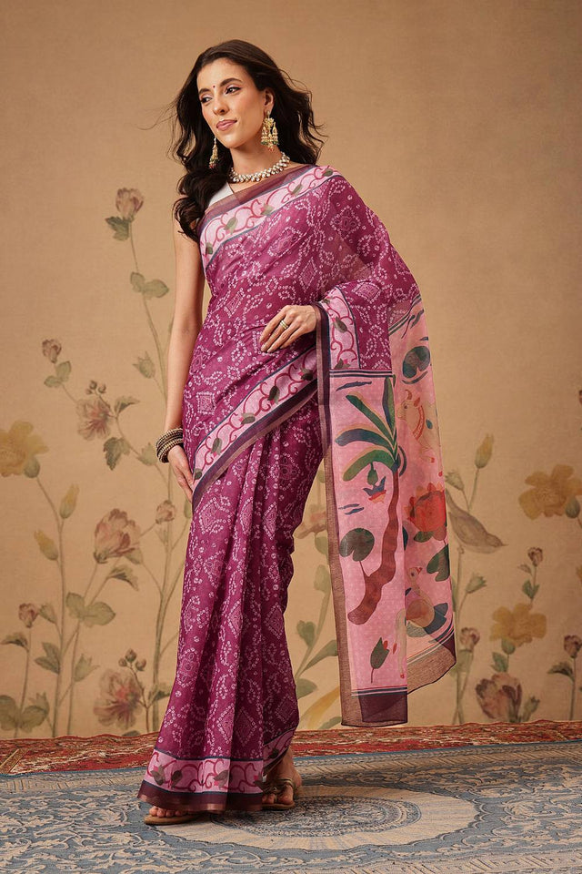 Pink Bandhani Printed Cotton Blend Saree
