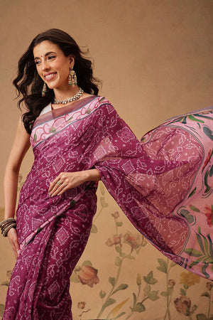 Pink Bandhani Printed Cotton Blend Saree