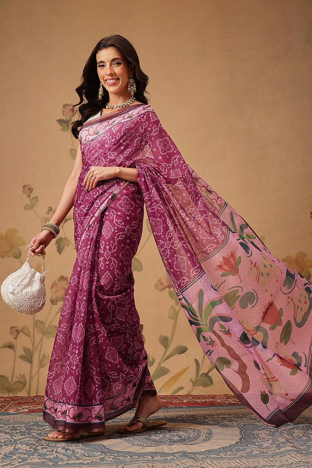Pink Bandhani Printed Cotton Blend Saree