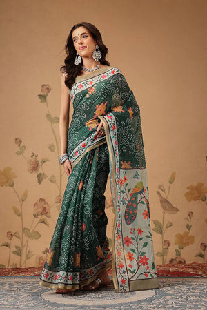 Green Bandhani Printed Cotton Blend Saree