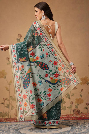 Green Bandhani Printed Cotton Blend Saree