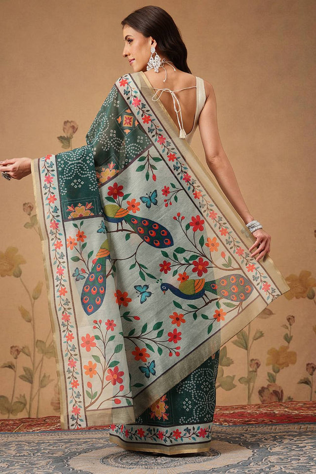 Green Bandhani Printed Cotton Blend Saree
