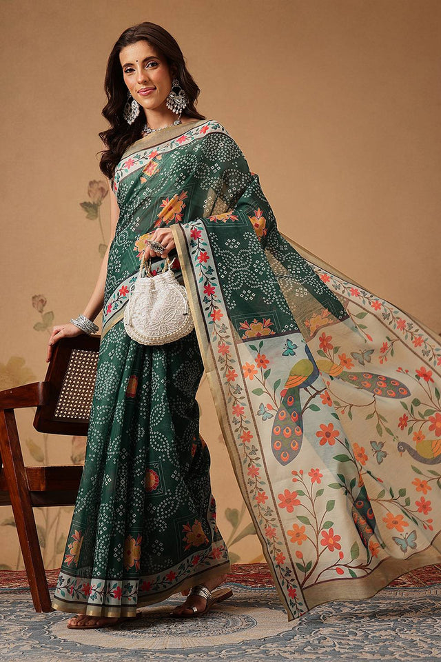 Green Bandhani Printed Cotton Blend Saree