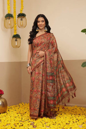 Brown Kalamkari Printed Cotton Blend Saree (SZKLD000-3143)