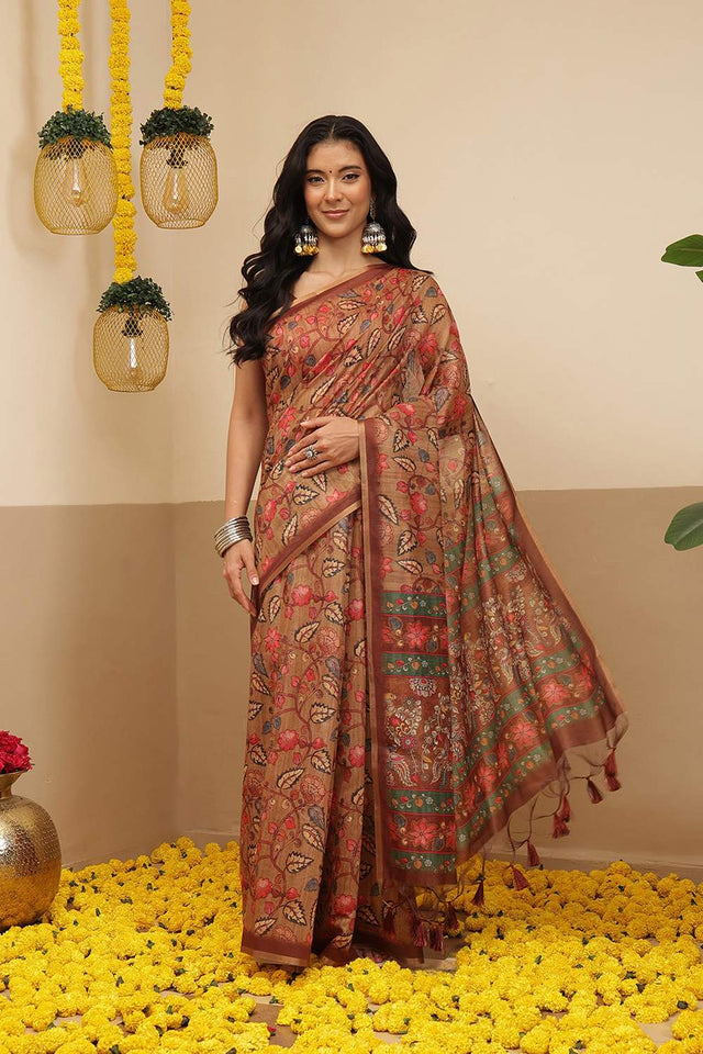 Brown Kalamkari Printed Cotton Blend Saree (SZKLD000-3143)