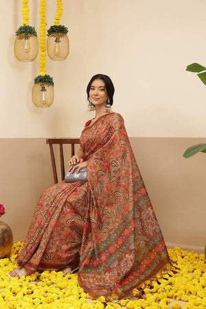 Brown Kalamkari Printed Cotton Blend Saree (SZKLD000-3143)
