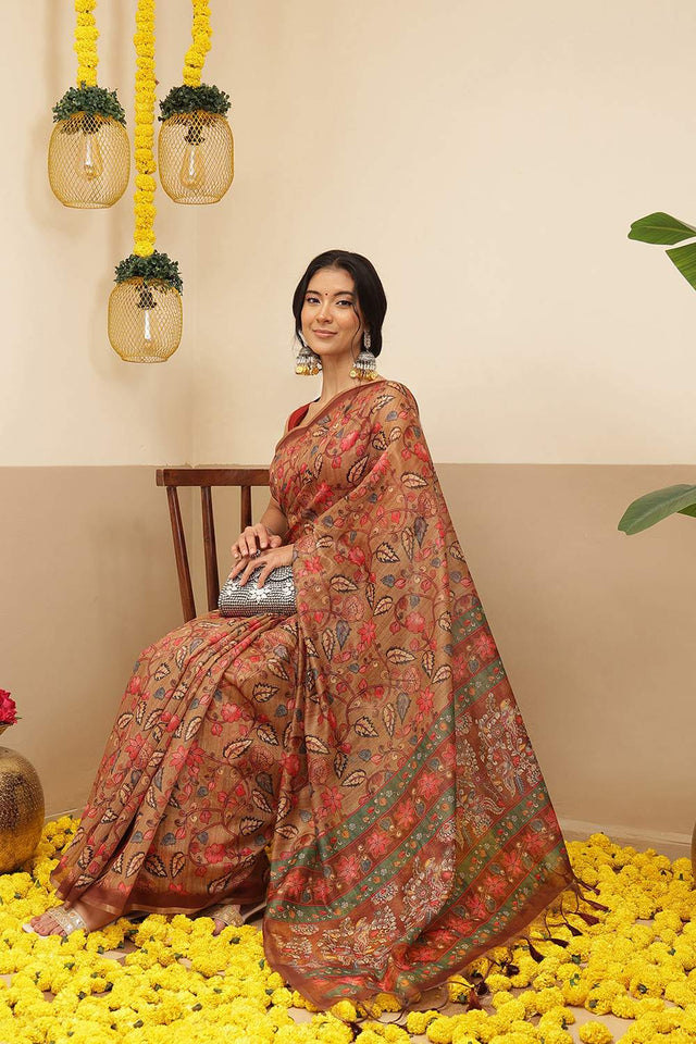 Brown Kalamkari Printed Cotton Blend Saree (SZKLD000-3143)