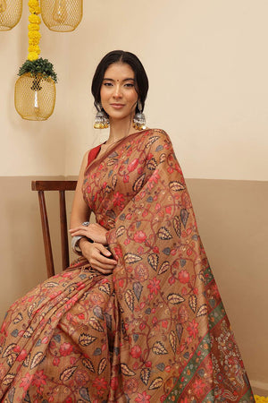 Brown Kalamkari Printed Cotton Blend Saree (SZKLD000-3143)