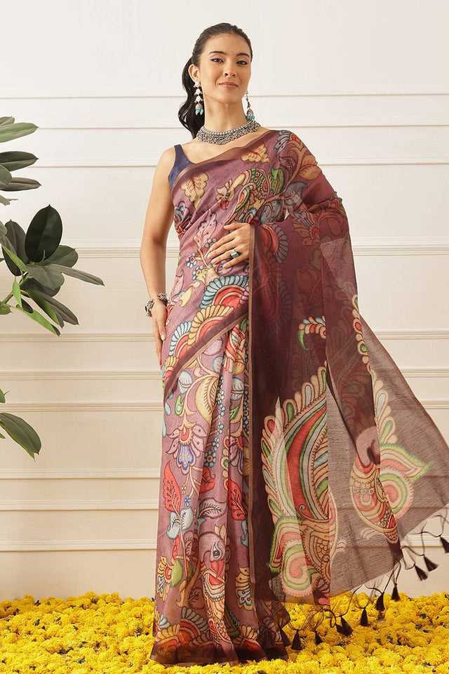 Violet Kalamkari Printed Cotton Blend Saree (SZKLD000-3144)