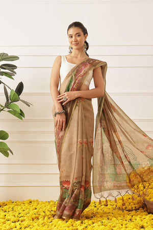 Beige Kalamkari Printed Cotton Blend Saree (SZKLD000-3145)