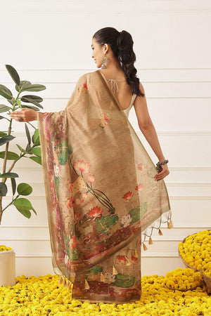 Beige Kalamkari Printed Cotton Blend Saree (SZKLD000-3145)