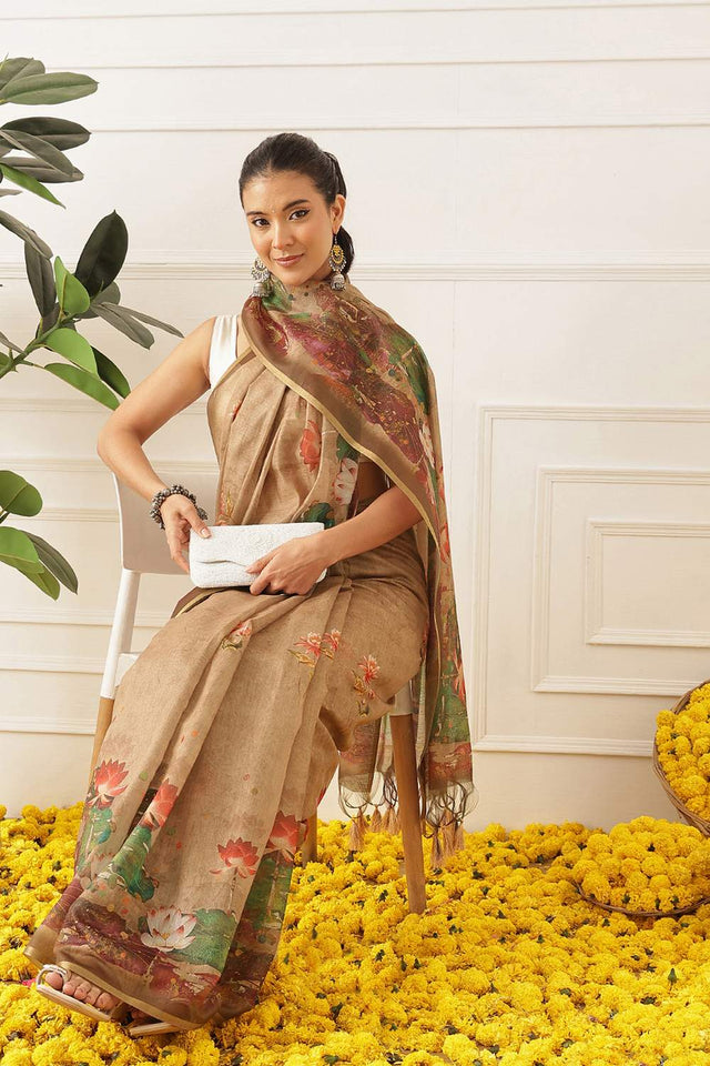 Beige Kalamkari Printed Cotton Blend Saree (SZKLD000-3145)