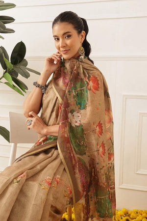 Beige Kalamkari Printed Cotton Blend Saree (SZKLD000-3145)