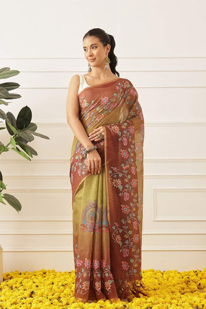 Olive Green Kalamkari Printed Cotton Blend Saree (SZKLD000-3146)