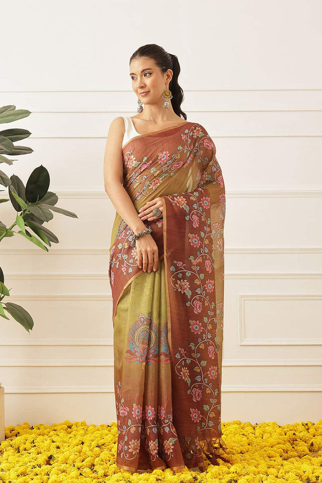 Olive Green Kalamkari Printed Cotton Blend Saree (SZKLD000-3146)