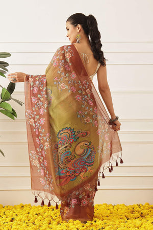 Olive Green Kalamkari Printed Cotton Blend Saree (SZKLD000-3146)