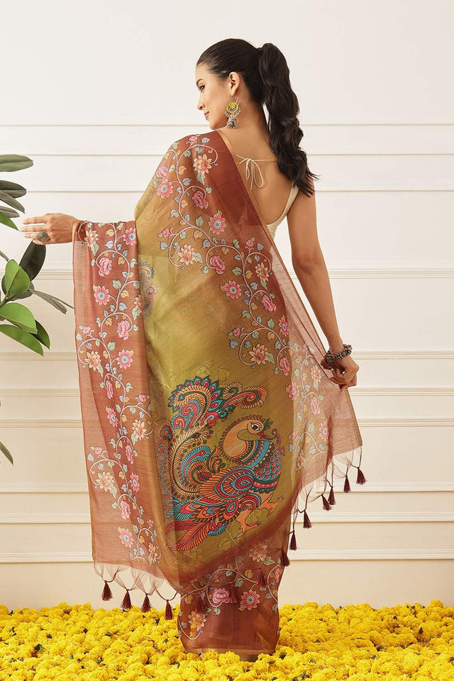 Olive Green Kalamkari Printed Cotton Blend Saree (SZKLD000-3146)