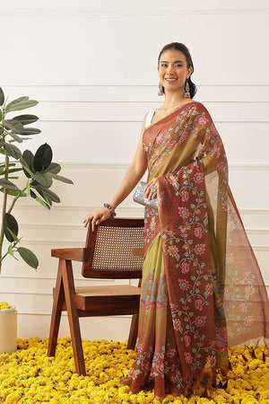 Olive Green Kalamkari Printed Cotton Blend Saree (SZKLD000-3146)