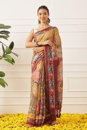 Multi Color Kalamkari Printed Cotton Blend Saree (SZKLD000-3147)