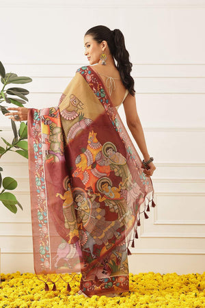 Multi Color Kalamkari Printed Cotton Blend Saree (SZKLD000-3147)