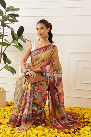 Multi Color Kalamkari Printed Cotton Blend Saree (SZKLD000-3147)