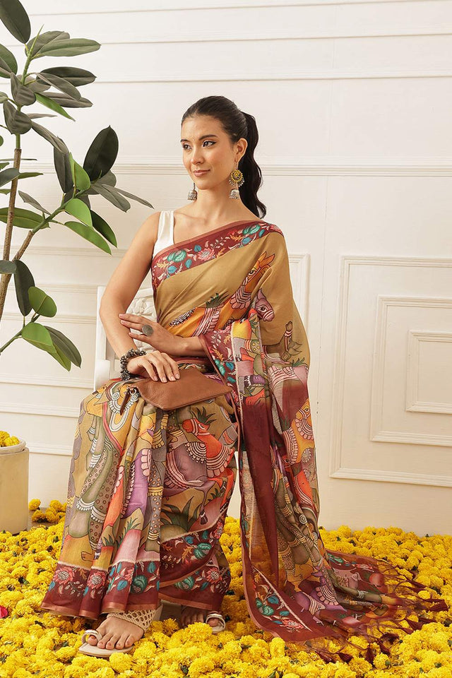 Multi Color Kalamkari Printed Cotton Blend Saree (SZKLD000-3147)