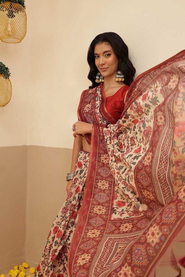 Beige Floral Printed Cotton Blend Saree (SZKLD000-3148)