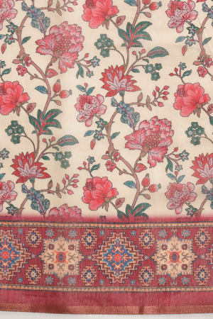Beige Floral Printed Cotton Blend Saree (SZKLD000-3148)