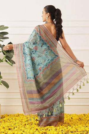 Blue Floral Printed Cotton Blend Saree (SZKLD000-3149)