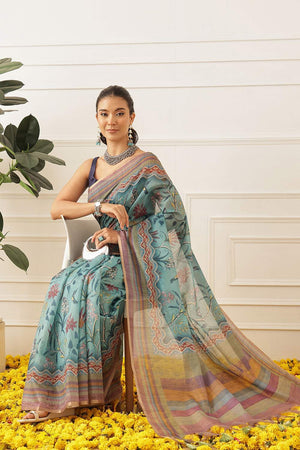 Blue Floral Printed Cotton Blend Saree (SZKLD000-3149)