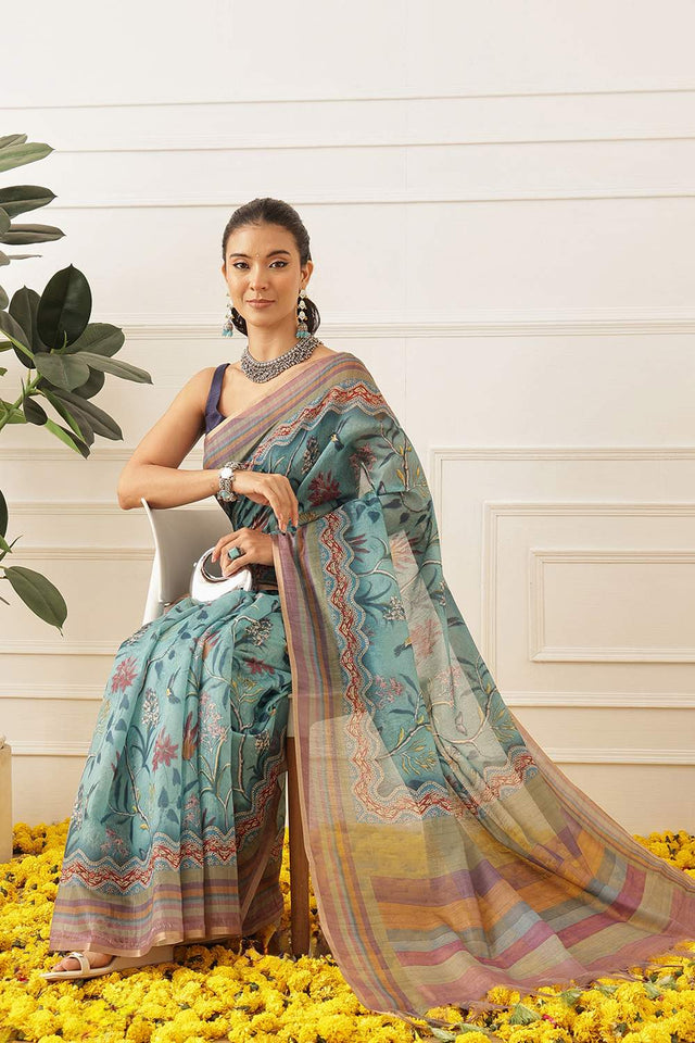 Blue Floral Printed Cotton Blend Saree (SZKLD000-3149)