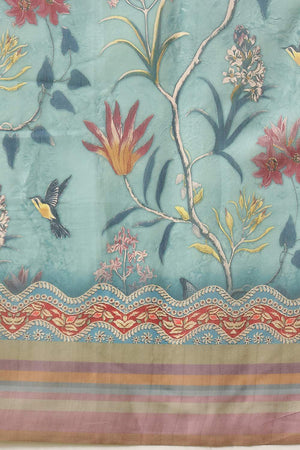 Blue Floral Printed Cotton Blend Saree (SZKLD000-3149)