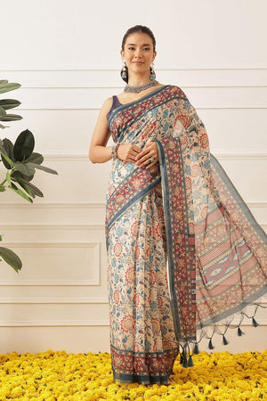 Off White Floral Printed Cotton Blend Saree (SZKLD000-3150)