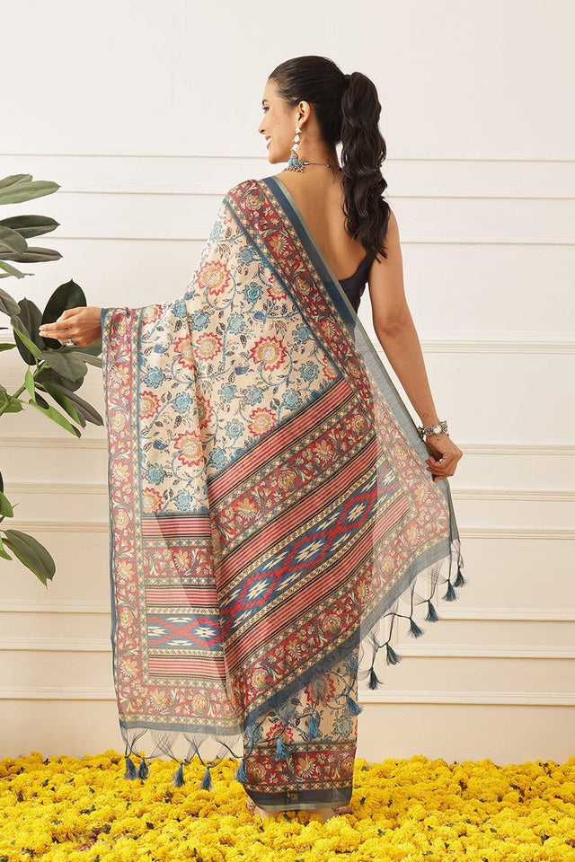 Off White Floral Printed Cotton Blend Saree (SZKLD000-3150)