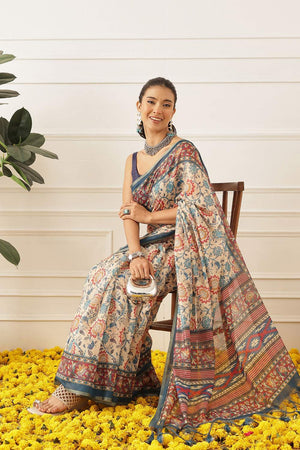 Off White Floral Printed Cotton Blend Saree (SZKLD000-3150)