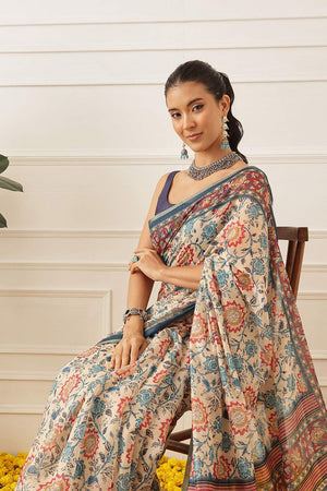 Off White Floral Printed Cotton Blend Saree (SZKLD000-3150)