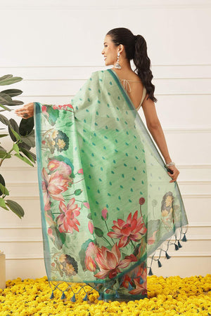 Dark Green Floral Printed Cotton Blend Saree (SZKLD000-3151)