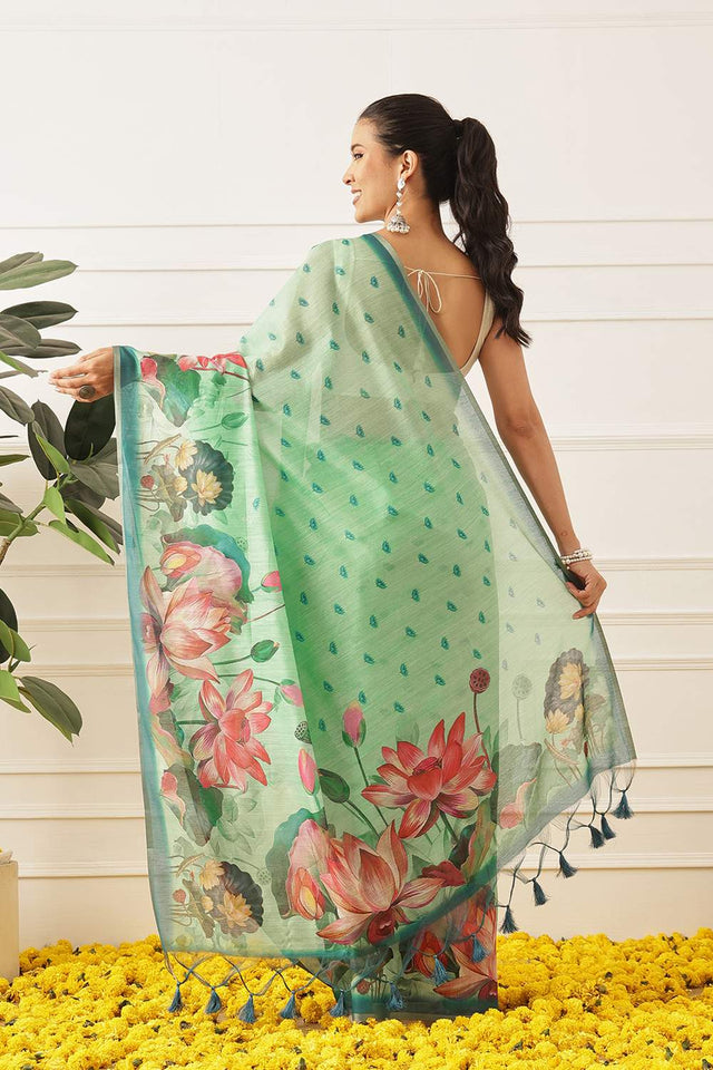 Dark Green Floral Printed Cotton Blend Saree (SZKLD000-3151)