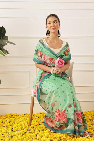 Dark Green Floral Printed Cotton Blend Saree (SZKLD000-3151)
