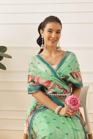 Dark Green Floral Printed Cotton Blend Saree (SZKLD000-3151)