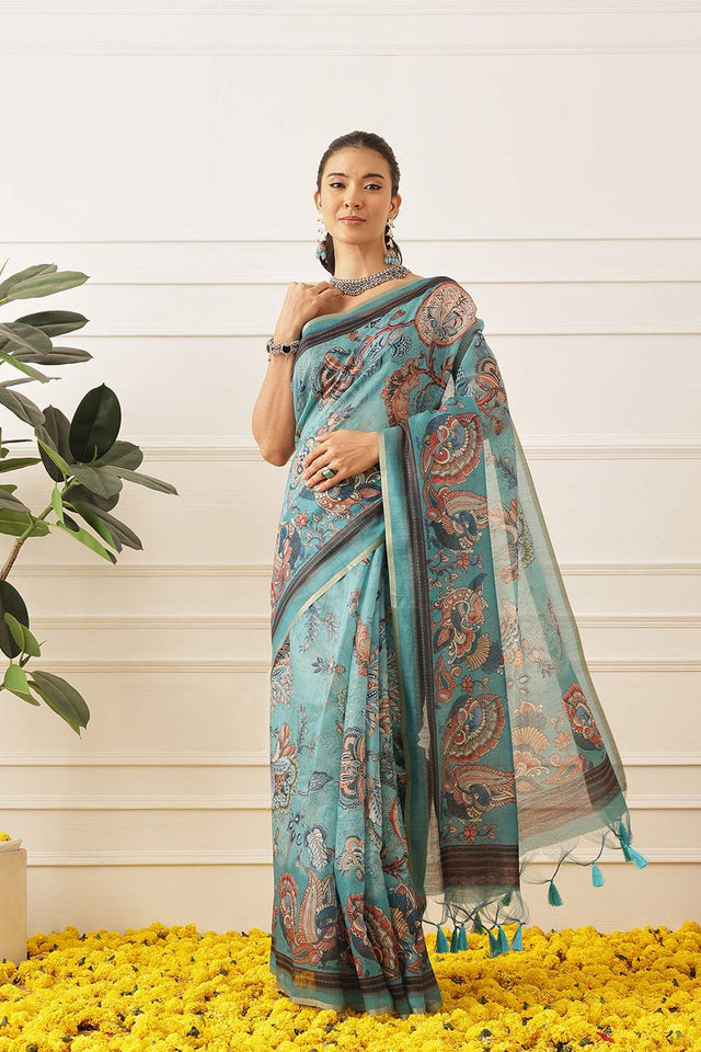 Turquoise Kalamkari Printed Cotton Blend Saree (SZKLD000-3152)