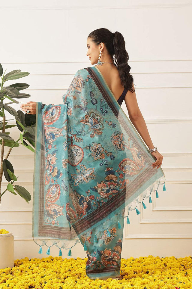 Turquoise Kalamkari Printed Cotton Blend Saree (SZKLD000-3152)