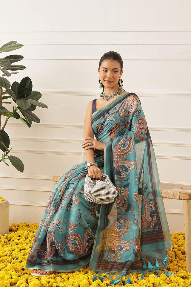 Turquoise Kalamkari Printed Cotton Blend Saree (SZKLD000-3152)