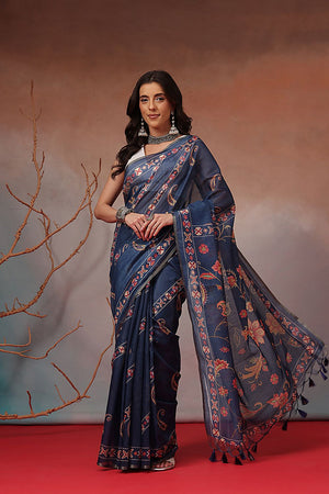 Navy Blue Floral Printed Cotton Blend Saree (SZKLD000-3172)