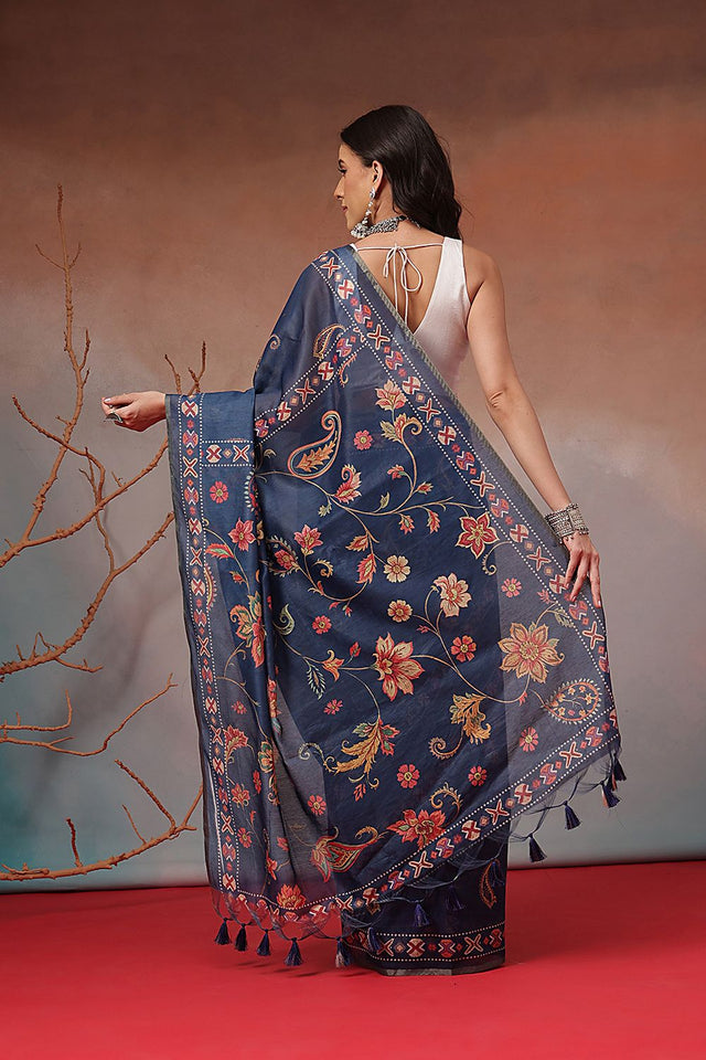 Navy Blue Floral Printed Cotton Blend Saree (SZKLD000-3172)