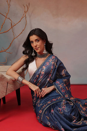 Navy Blue Floral Printed Cotton Blend Saree (SZKLD000-3172)