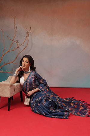 Navy Blue Floral Printed Cotton Blend Saree (SZKLD000-3172)
