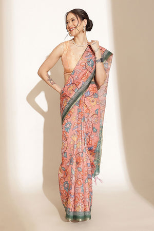 Peach Floral Printed Cotton Blend Saree (SZKLD000-3209)