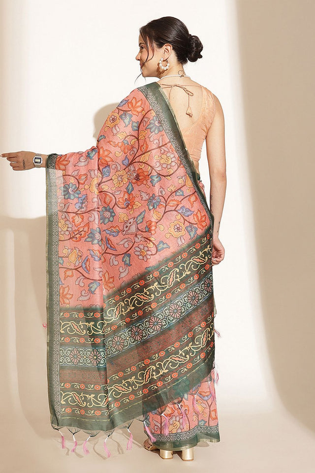 Peach Floral Printed Cotton Blend Saree (SZKLD000-3209)